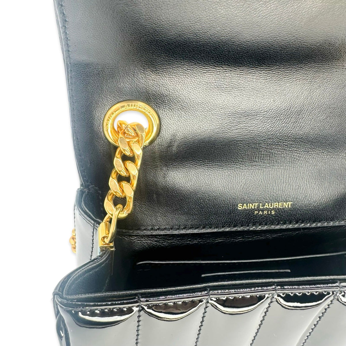 Saint Laurent Quilted Patent Leather Vicky Chain Flap Bag