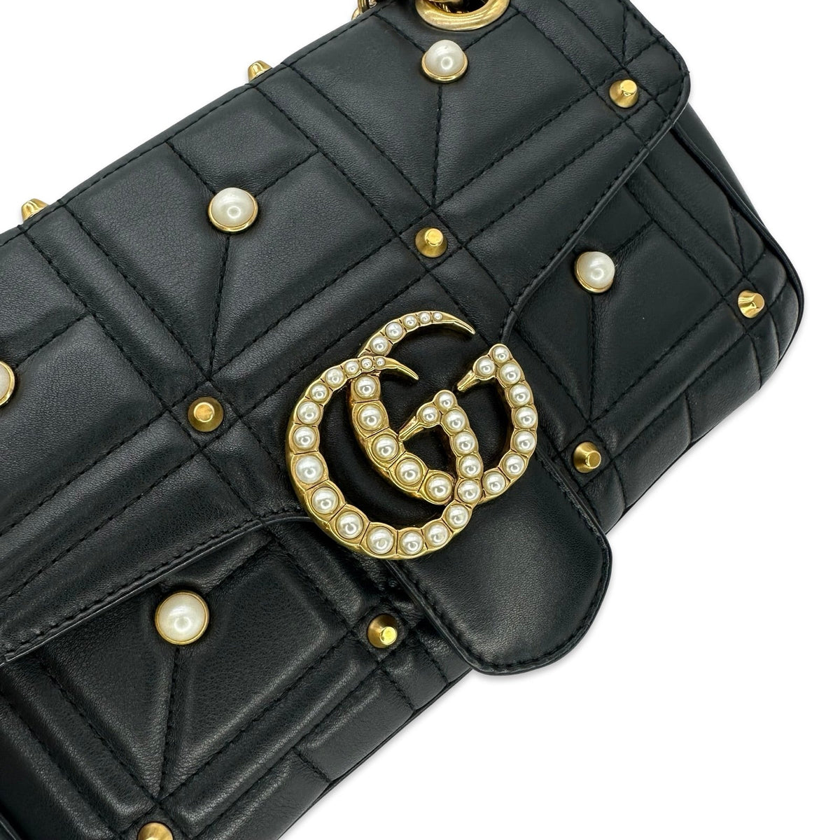 Gucci Quilted Calfskin GG Marmont Pearl Studded Flap Chain Bag