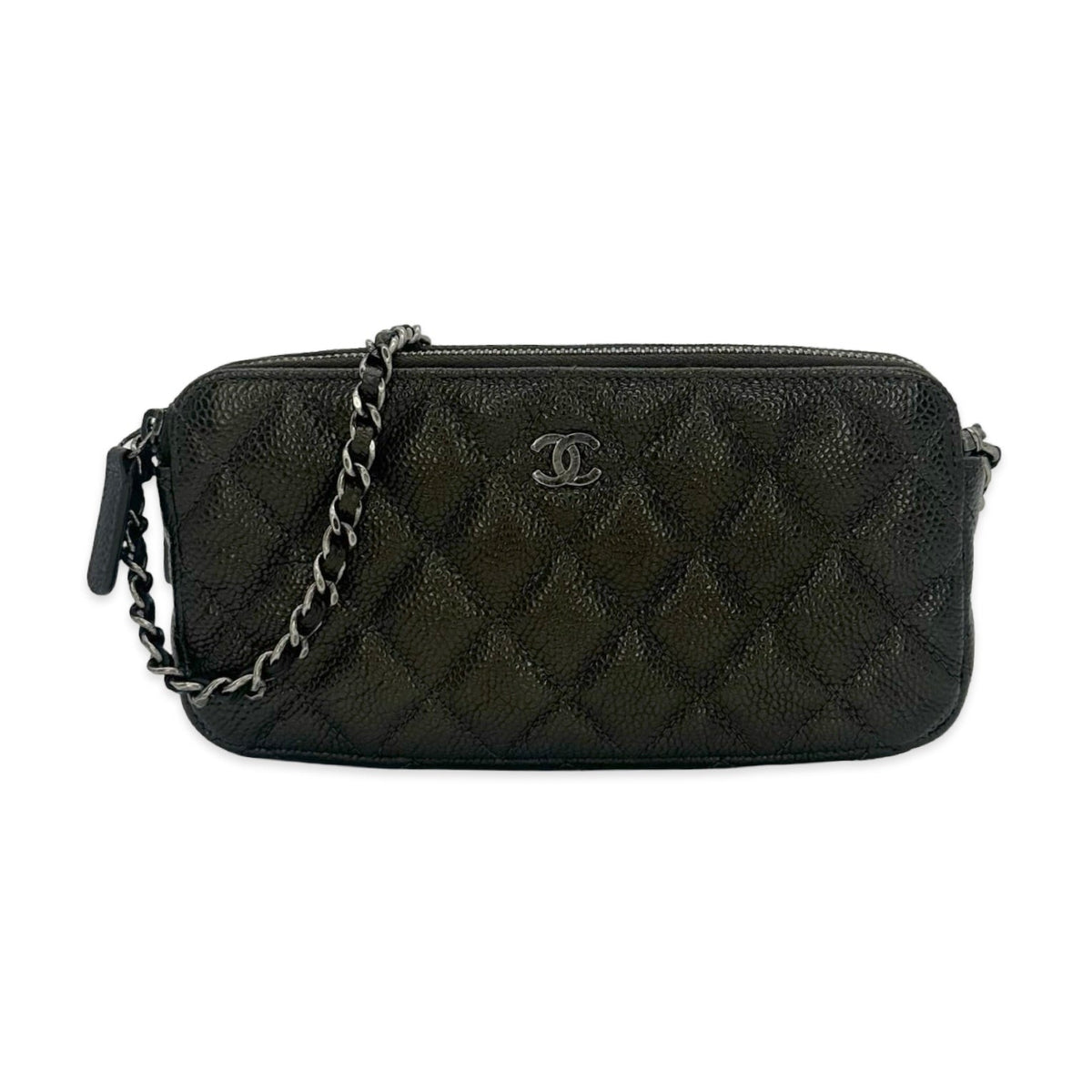 Chanel Quilted Caviar Double Zip Pouch On Chain Small Clutch